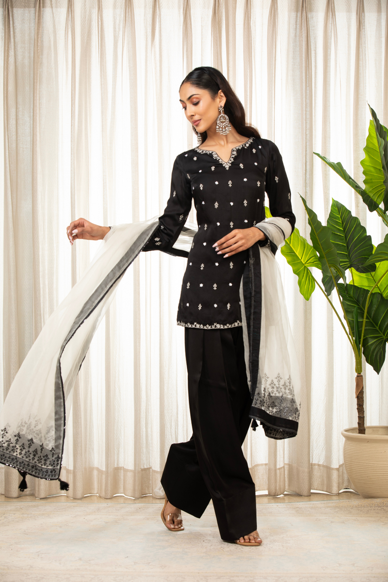 White On Black Kurta Set