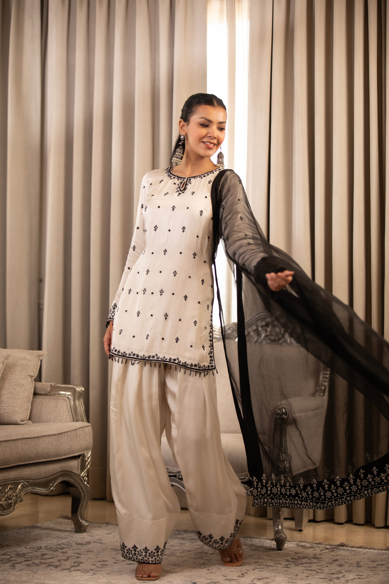 White On Black Dupatta Set