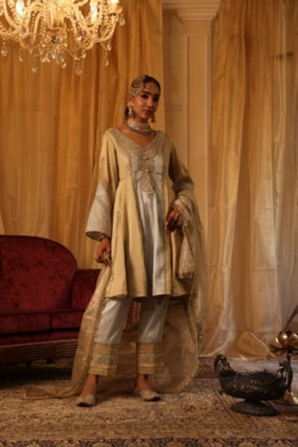 Gold and silver cotton tissue short kurta and straight pants set