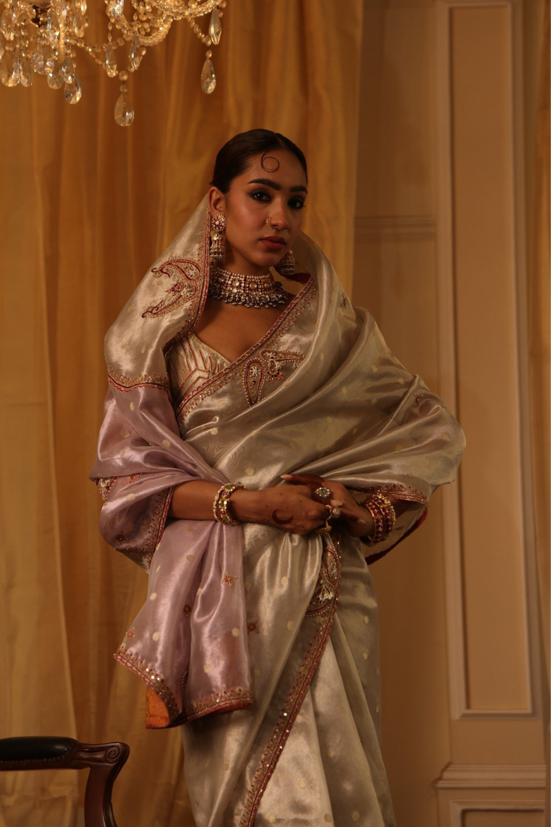 Ivory 6-yard pure zari tissue saree set