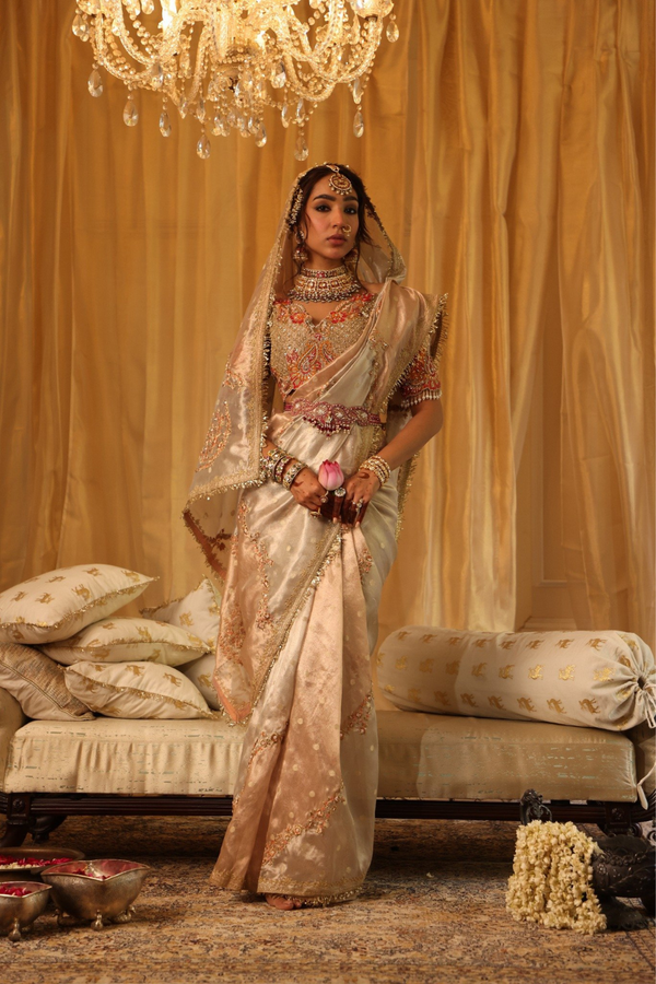 Pearl gold and rose gold 6-yard pure zari tissue saree