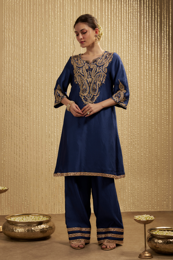 NAVY BLUE SILK CHANDERI SHORT KURTA PANTS SET