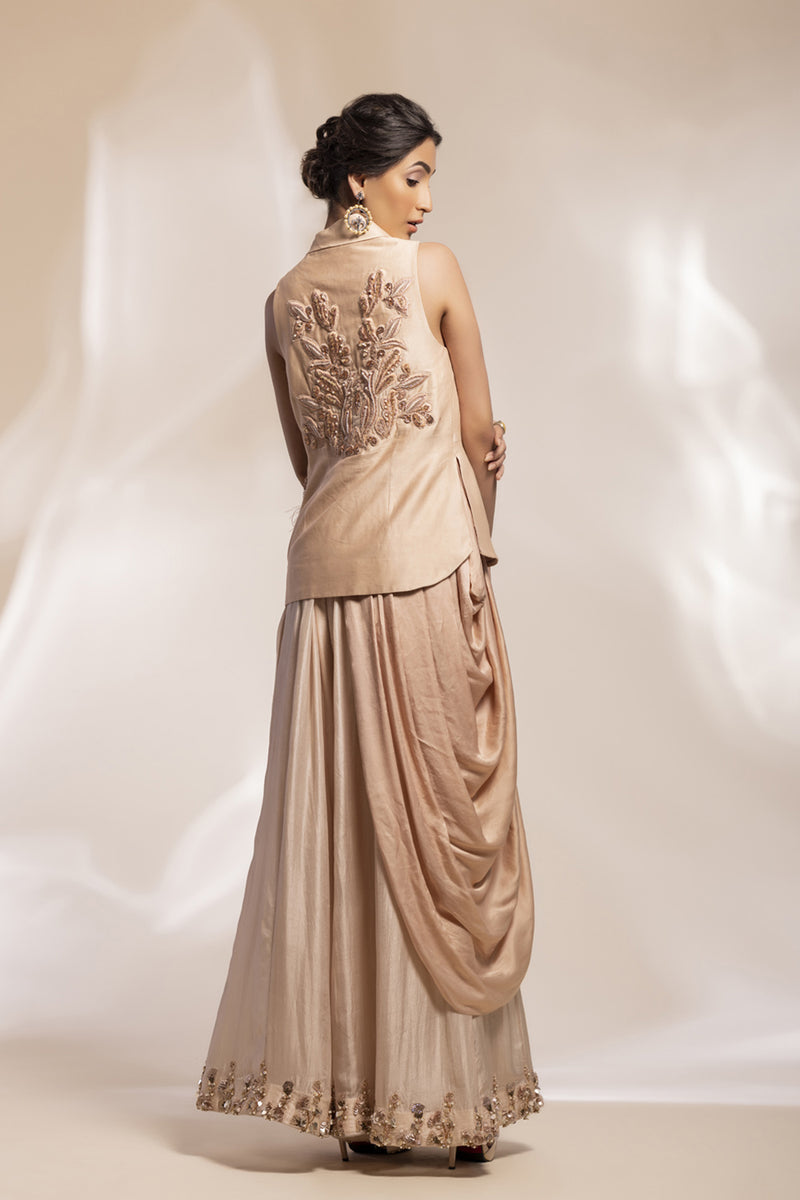 Chiffon Silk Floral Jacket With Feather Accents And Chiffon Sharara