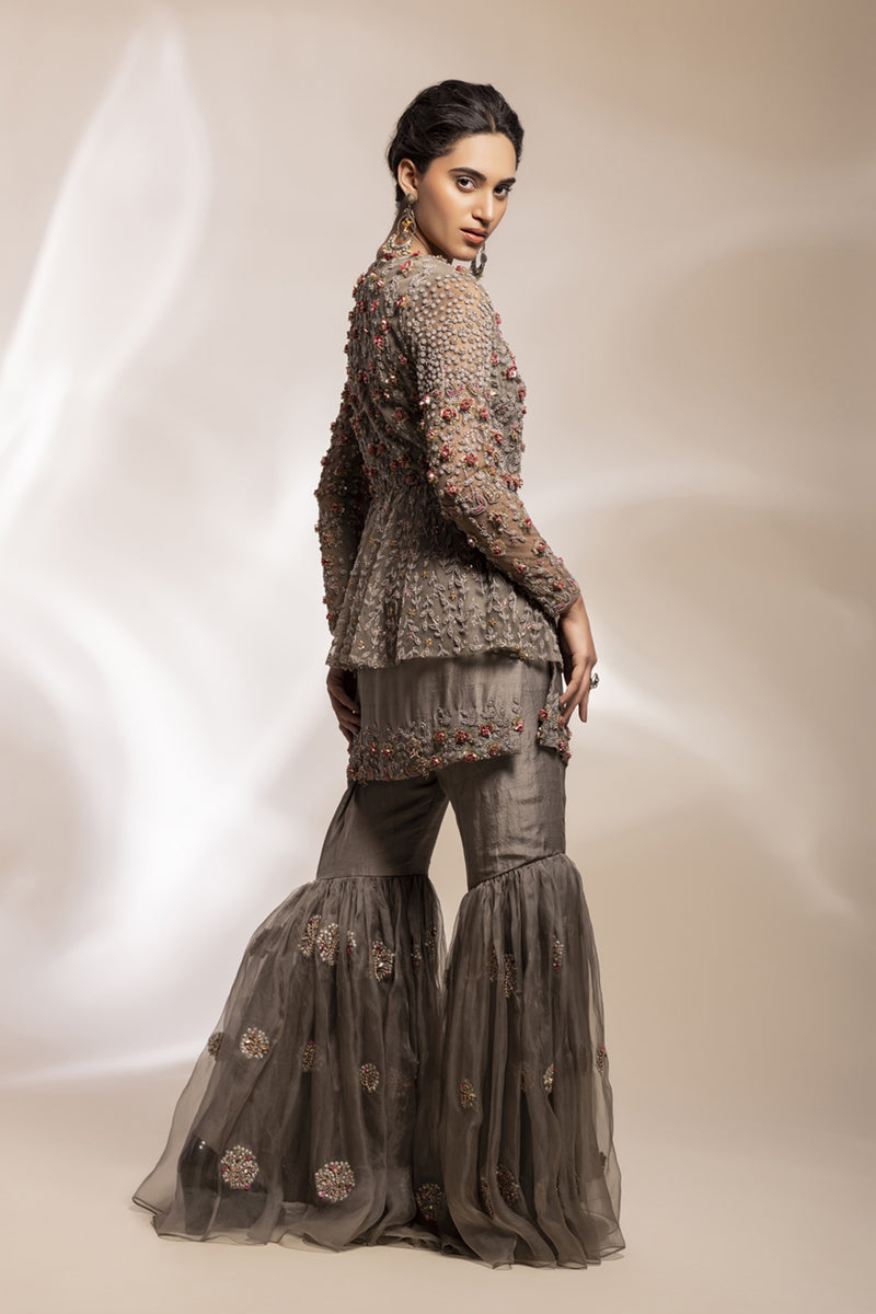 Antique Grey Tulle Peplum Jacket With Embroidered Gharara Ensemble.