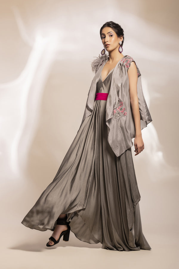 Grey Satin Assymetrical Dress With Fuchsia Belt + Feathered Satin Jacket