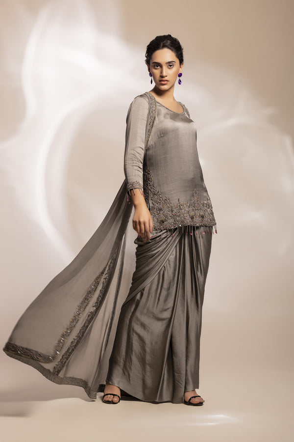 Lungi Drape With Antique Good Kurta With Embroidered Paneeked Long Jacket