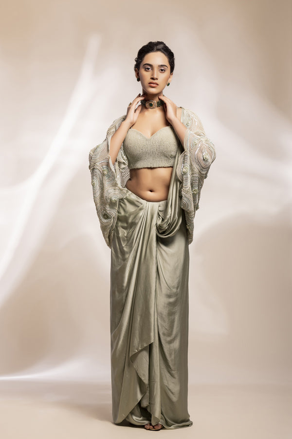 Abstract Embroidered Sheer Cape Ensemble With Pearl-Encrusted Bustier And Modal Satin Lungi Drape.