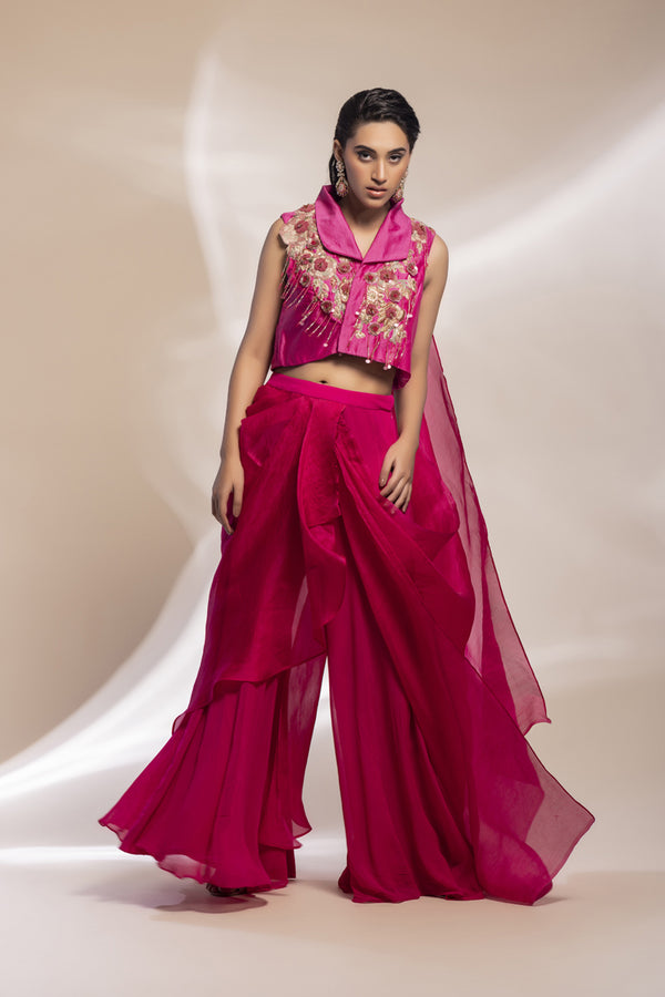 Fuscia Cropped Jacket With Gold Embellishments + Pleated Organza Sharara