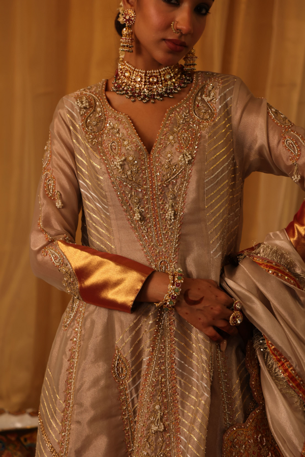Rose gold pure zari tissue Anarkali set