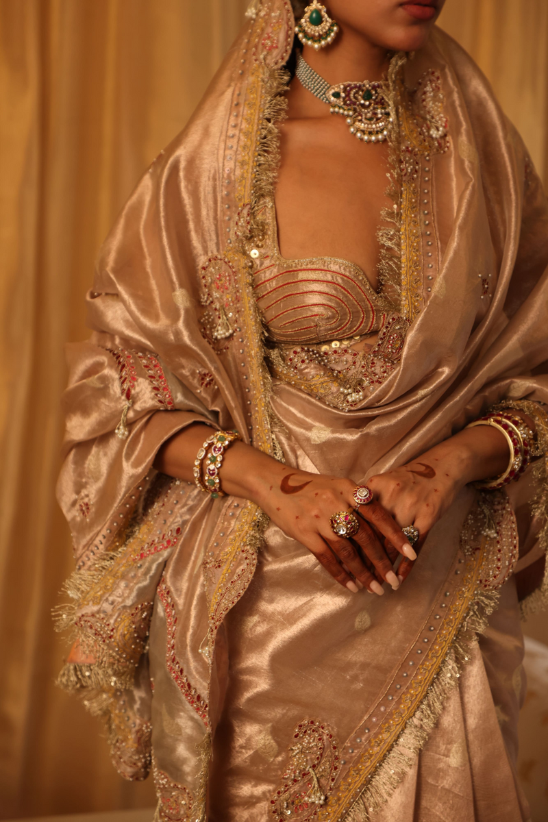 Rose gold 6-yard pure zari tissue saree set