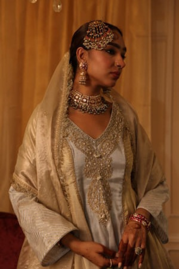 Gold and silver cotton tissue short kurta and straight pants set