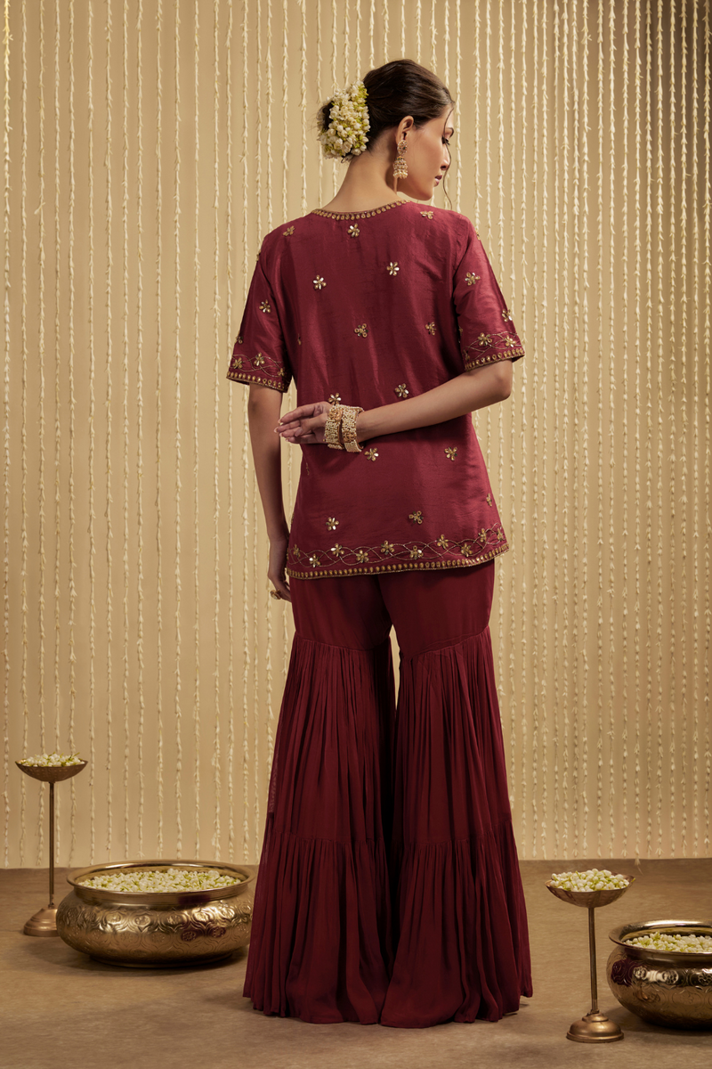 RED SHORT KURTA SHARARA PANTS SET