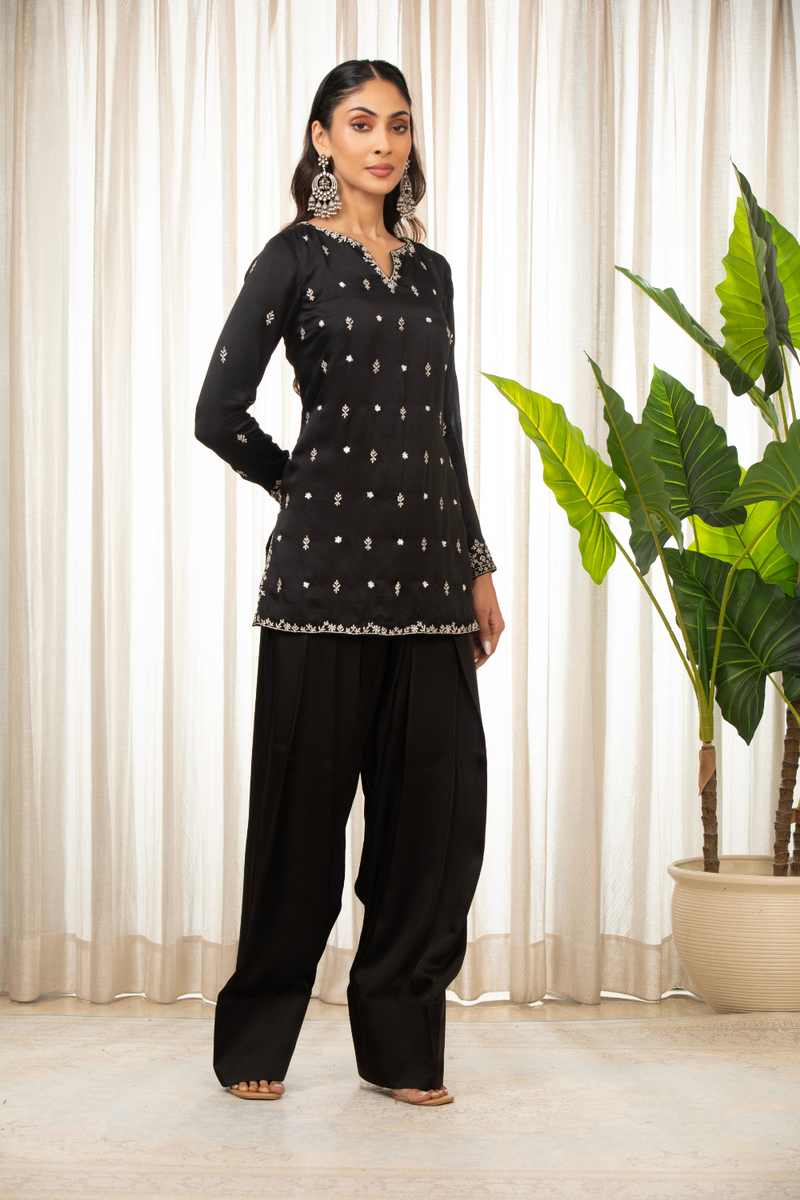 White On Black Kurta Set