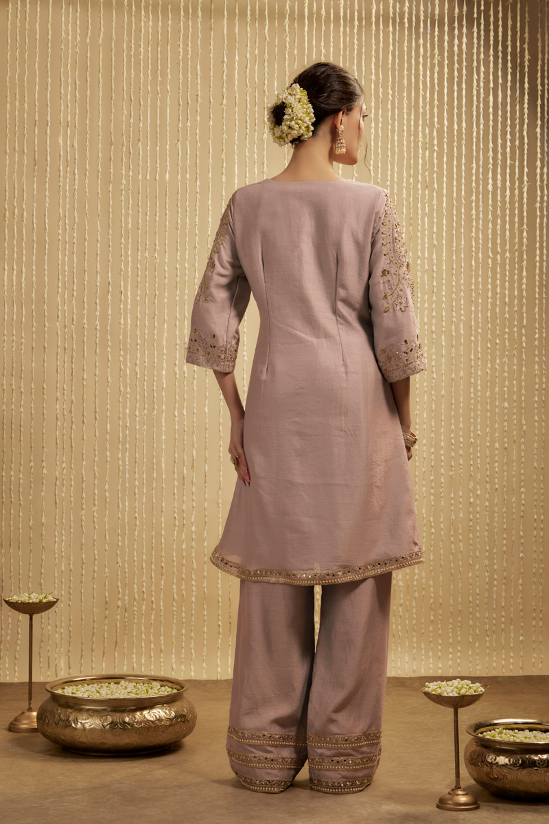 MAUVE PINK SILK CHANDERI SHORT KURTA PANTS SET