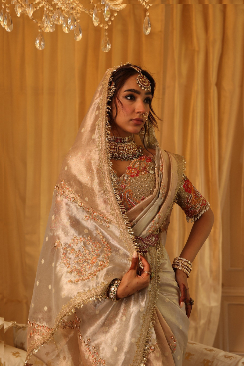 Pearl gold and rose gold 6-yard pure zari tissue saree