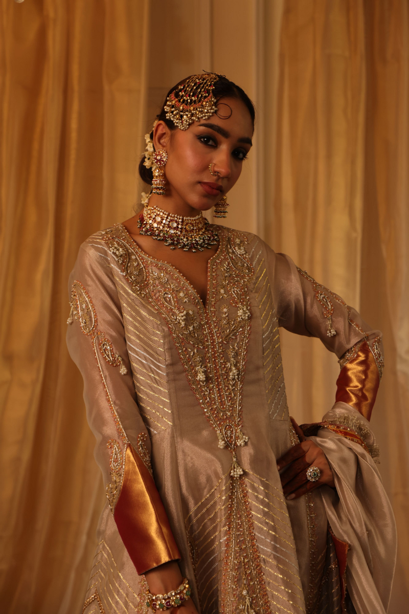 Rose gold pure zari tissue Anarkali set