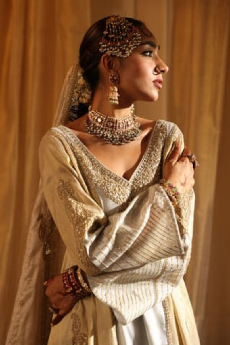 Gold and silver cotton tissue short kurta and straight pants set