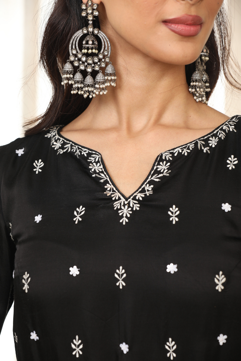 White On Black Kurta Set