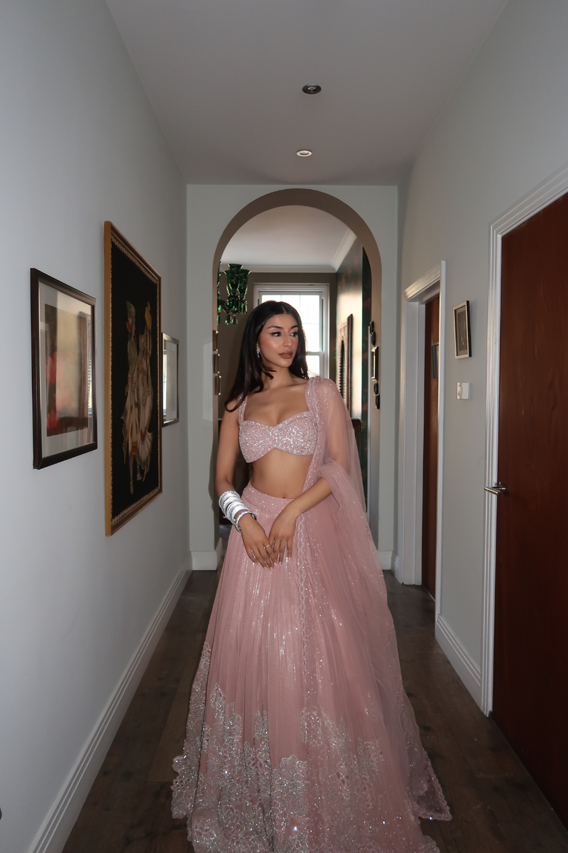 Arch in Blush pink cutwork lehenga