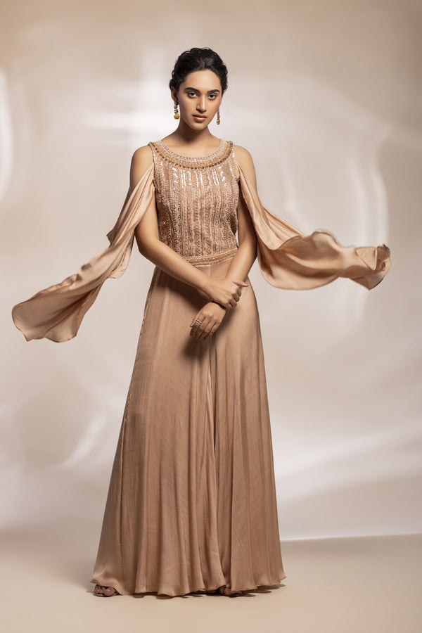 Champaign Gold Jumpsuit With Embroidered Bodice And Draped Sleeves.