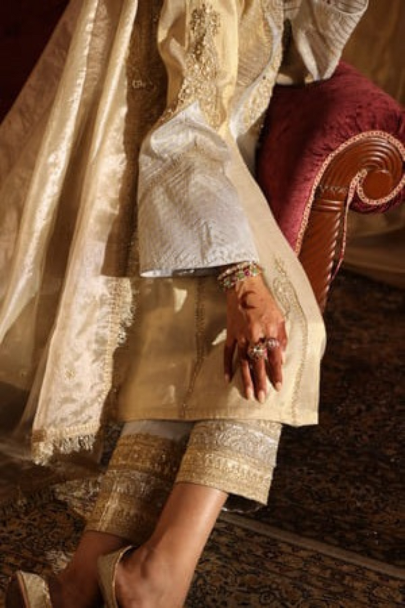 Gold and silver cotton tissue short kurta and straight pants set