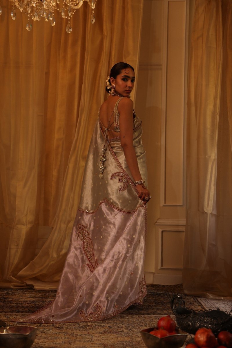 Ivory 6-yard pure zari tissue saree set