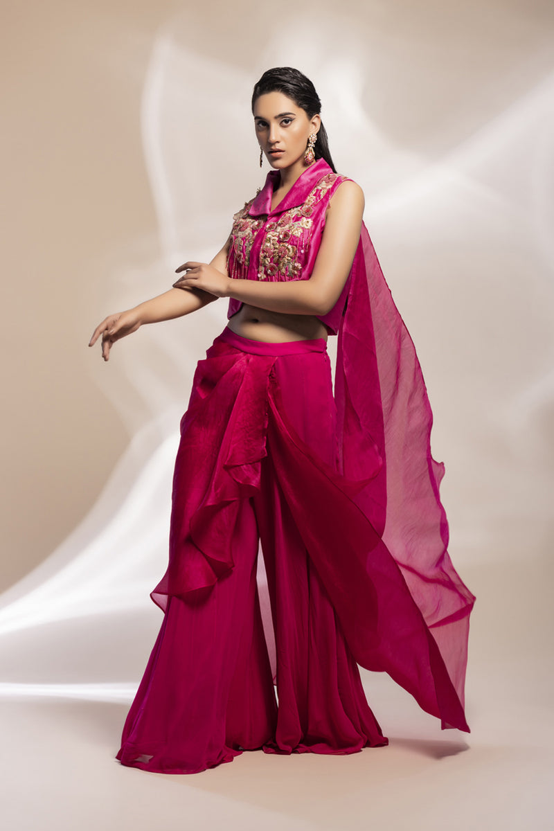 Fuscia Cropped Jacket With Gold Embellishments + Pleated Organza Sharara