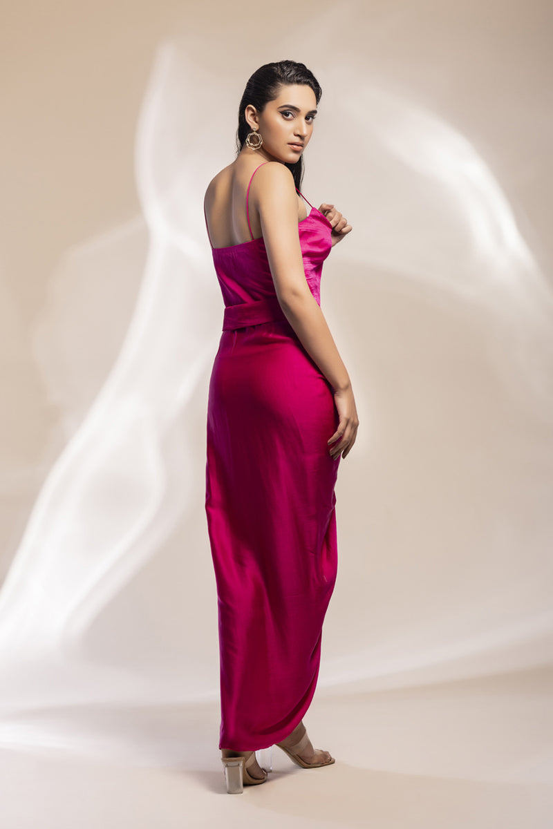 Fuchsia And Champaign Silk Cape With Embroidery, Paired With Satin Modal Dress.