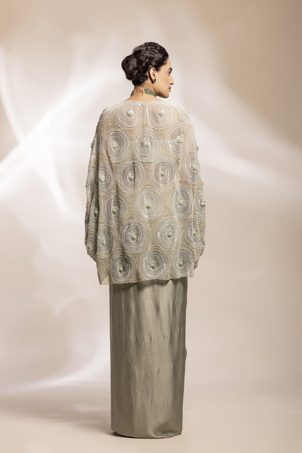 Abstract Embroidered Sheer Cape Ensemble With Pearl-Encrusted Bustier And Modal Satin Lungi Drape.