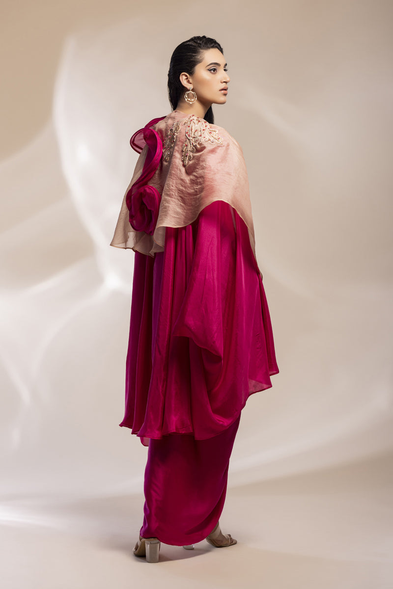 Fuchsia And Champaign Silk Cape With Embroidery, Paired With Satin Modal Dress.