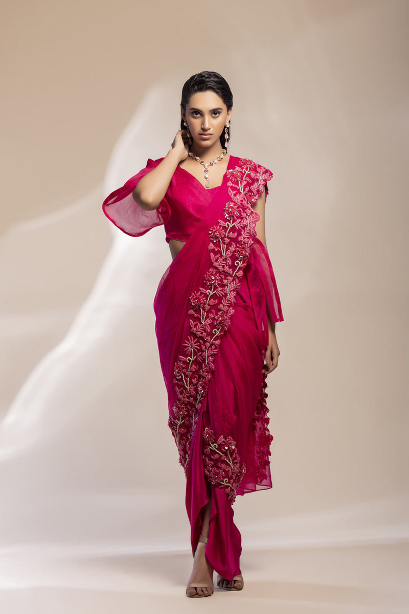 Fuchsia Draped Saree With 3D Embellishments.