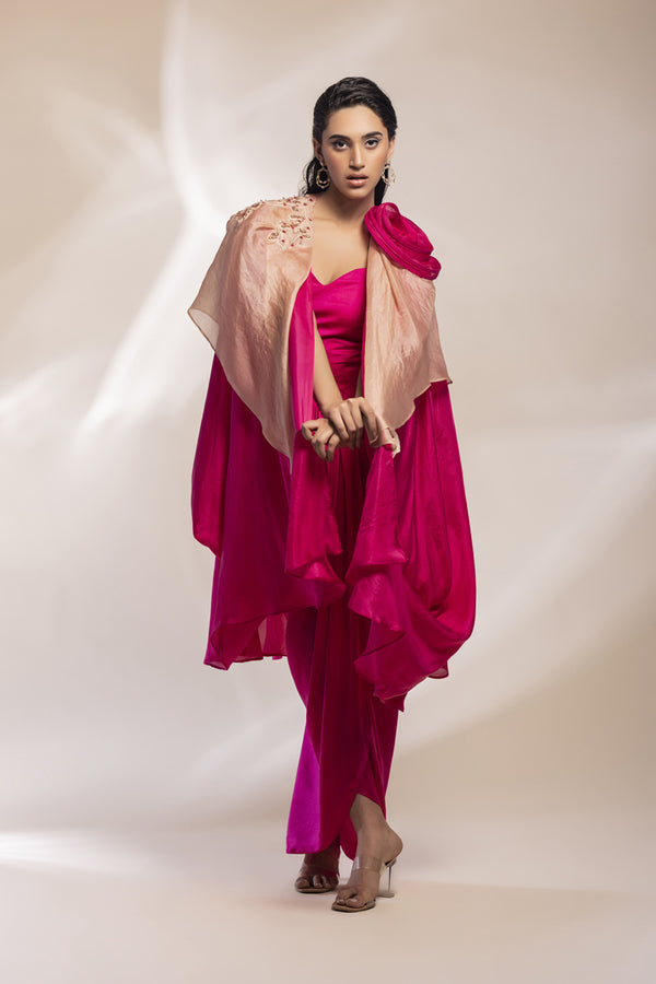 Fuchsia And Champaign Silk Cape With Embroidery, Paired With Satin Modal Dress.