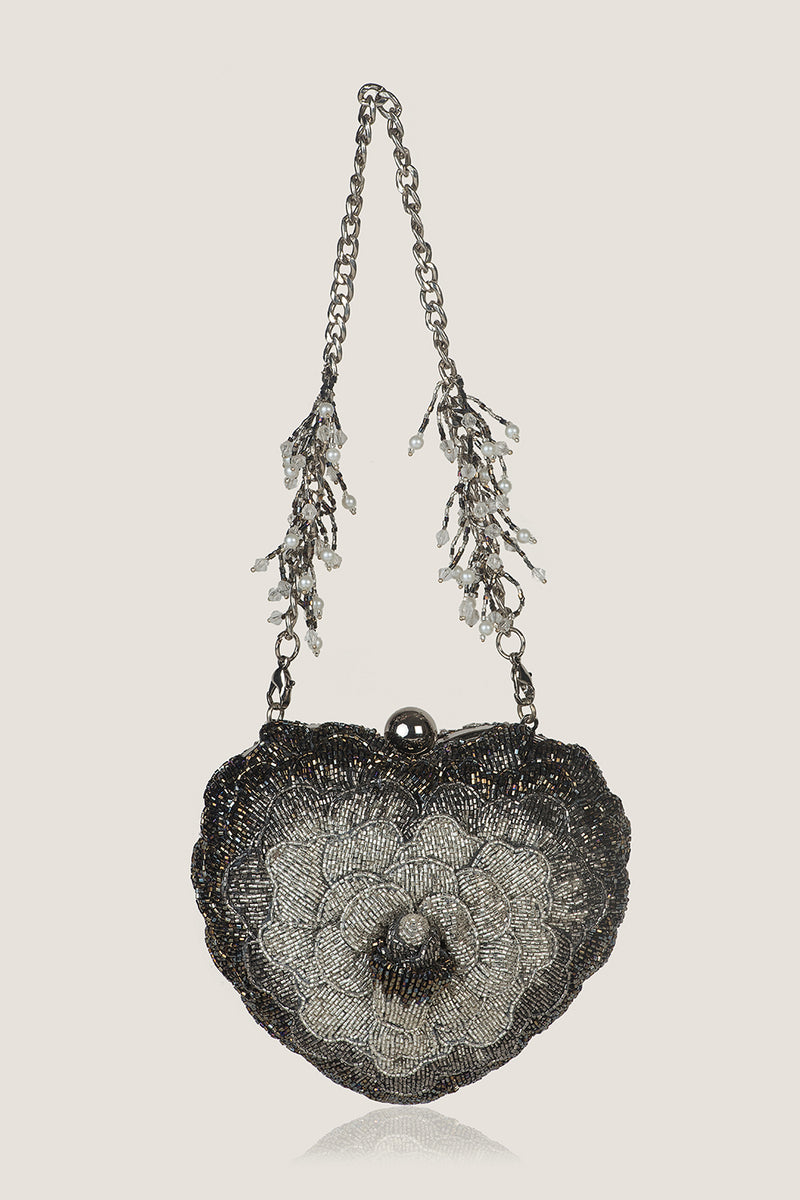 ISA CRYSTAL HEART CLUTCH -SILVER