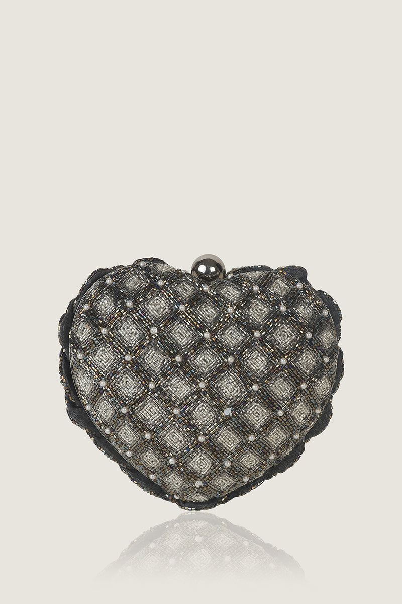 ISA CRYSTAL HEART CLUTCH -SILVER
