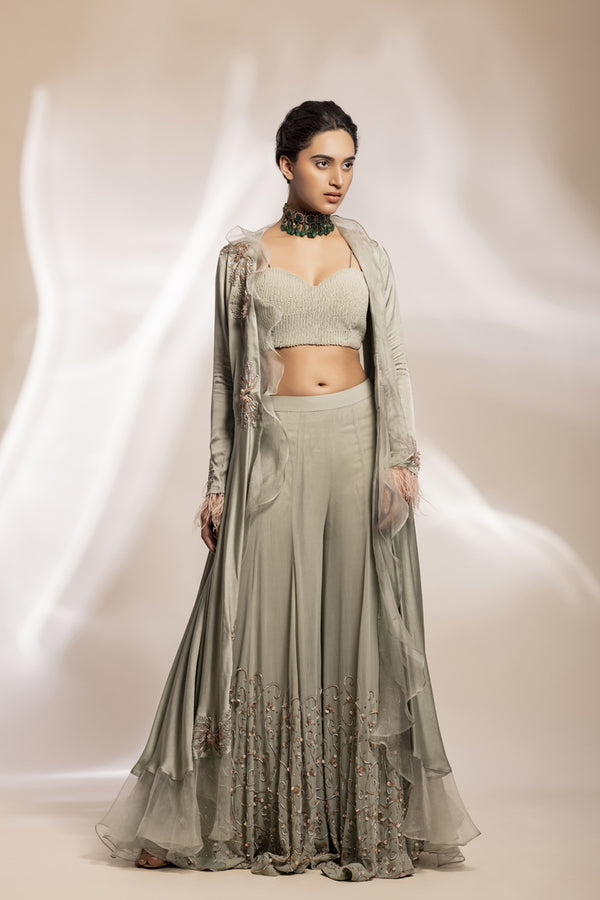 Sage Green Modal Silk Jacket With 3D Motifs And Sheer Ruffle, Paired With Flared Sharara.