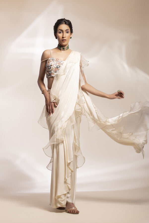 Opulant Organza Drape Saree With Pearl Straps