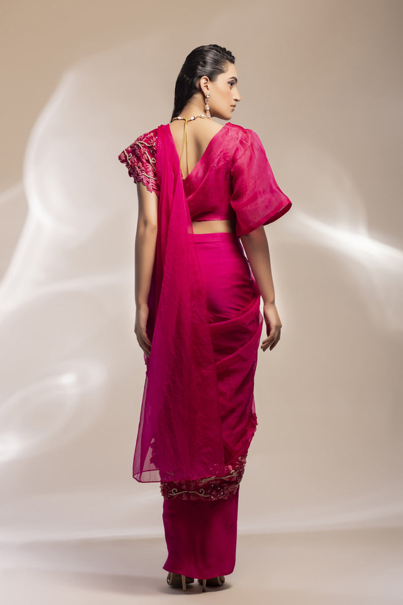 Fuchsia Draped Saree With 3D Embellishments.