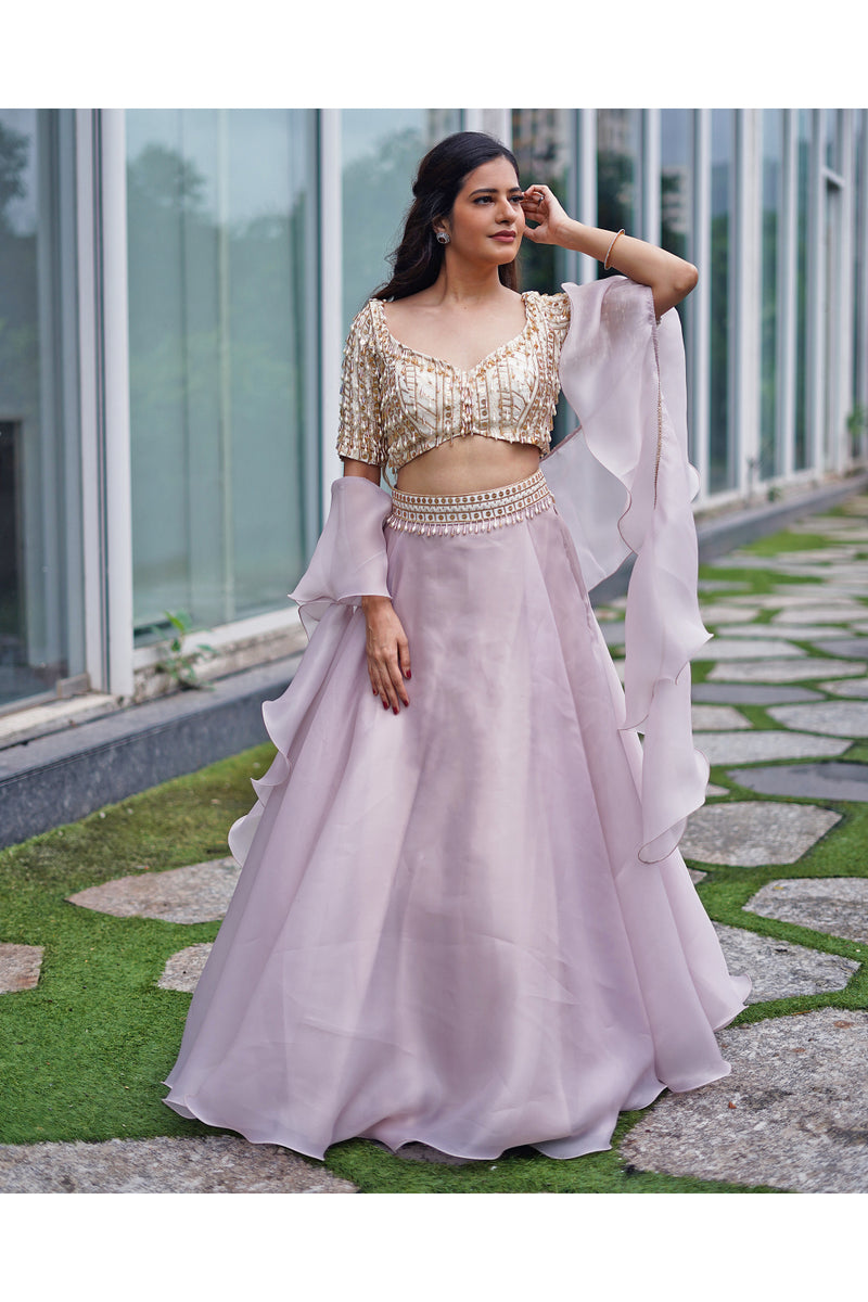 Lilac organza lehenga and embroidered blouse