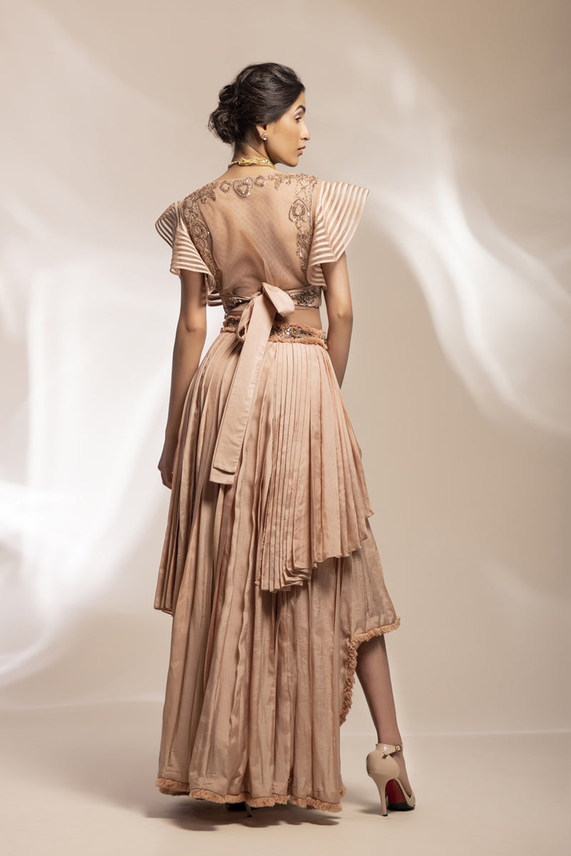 Champaign Silk Pleated Skirt Ensemble With Embroidered