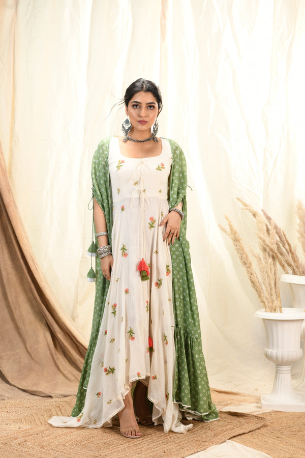 Floral embroidered asymmetrical kurta/dress with  bandhni cape