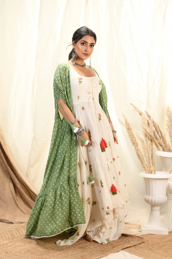 Floral embroidered asymmetrical kurta/dress with  bandhni cape