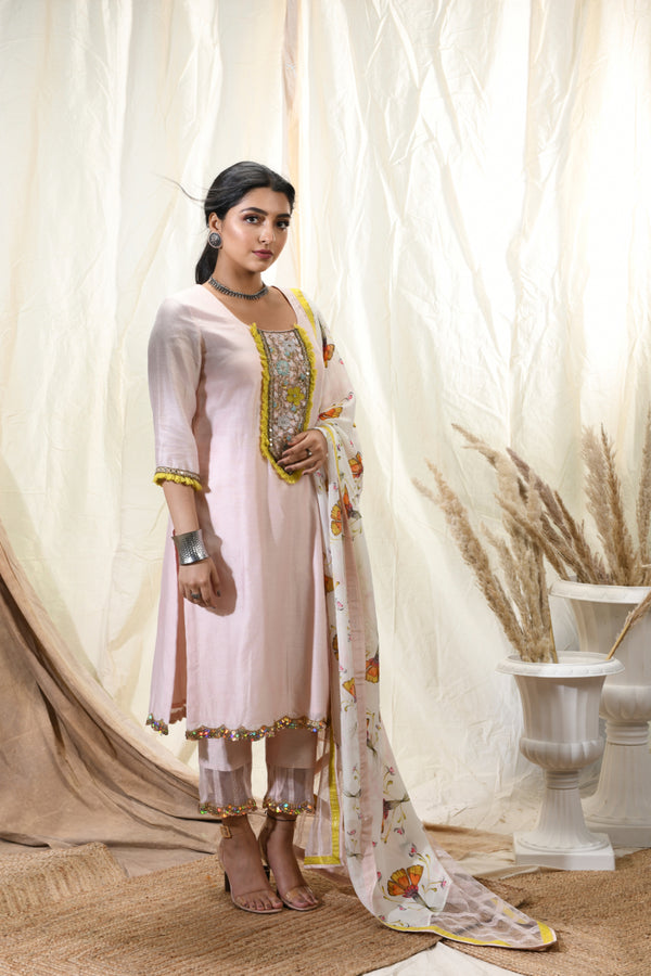 Blush pink chanderi kurta set with pastel embroidery