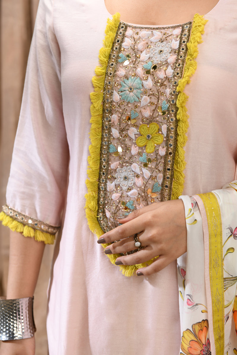 Blush pink chanderi kurta set with pastel embroidery