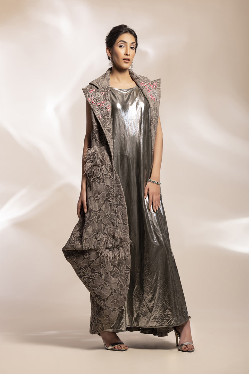 Grey Lace Scuba Coat With Fuchia Motif With Two-Tone Mettalic Shimmer Drape