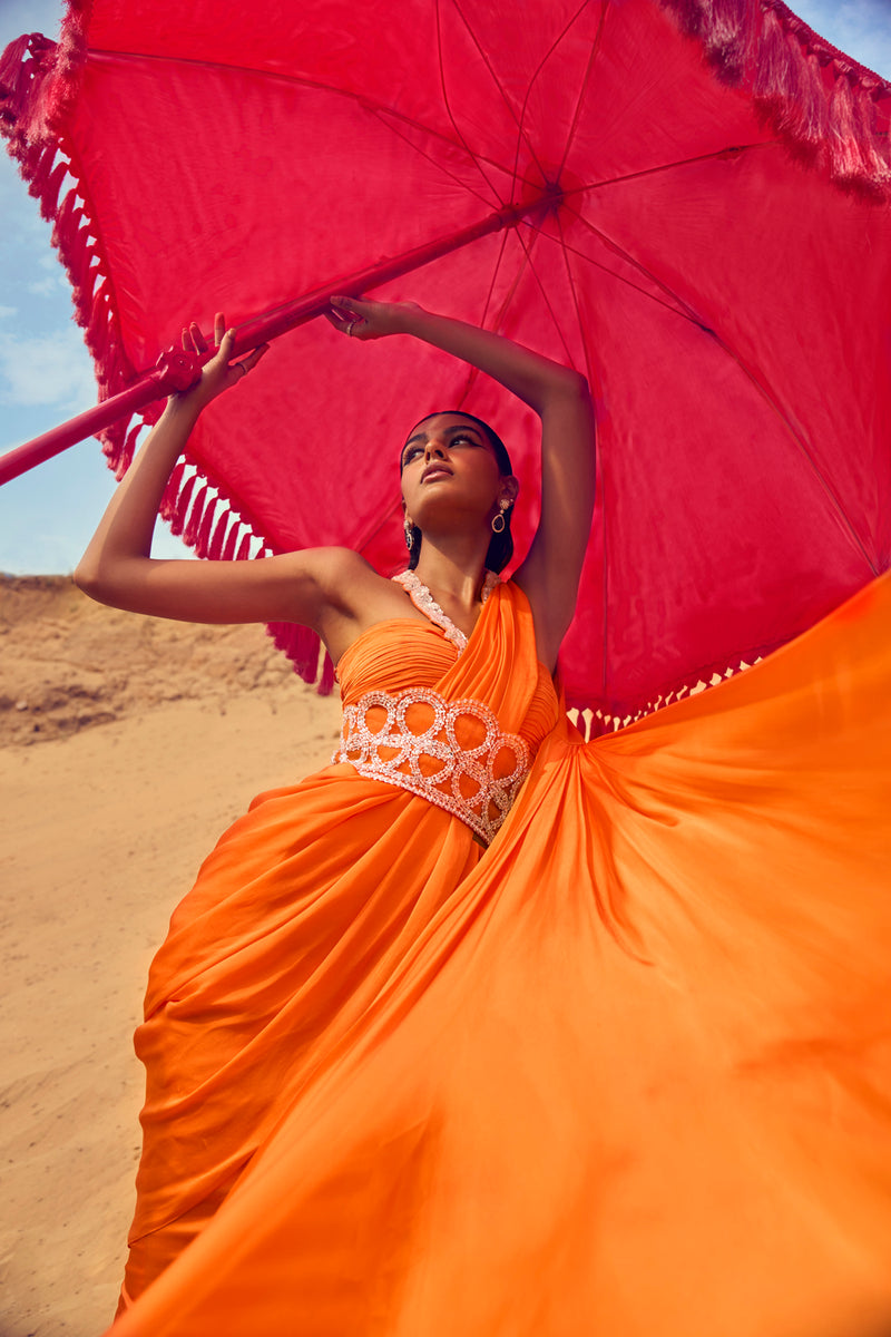 Ruffled Saree With A Halter Neck Blouse