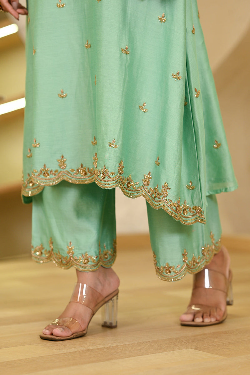 Aqua Blue Embroidered A-Line Kurta with Pant & Dupatta Set of 3