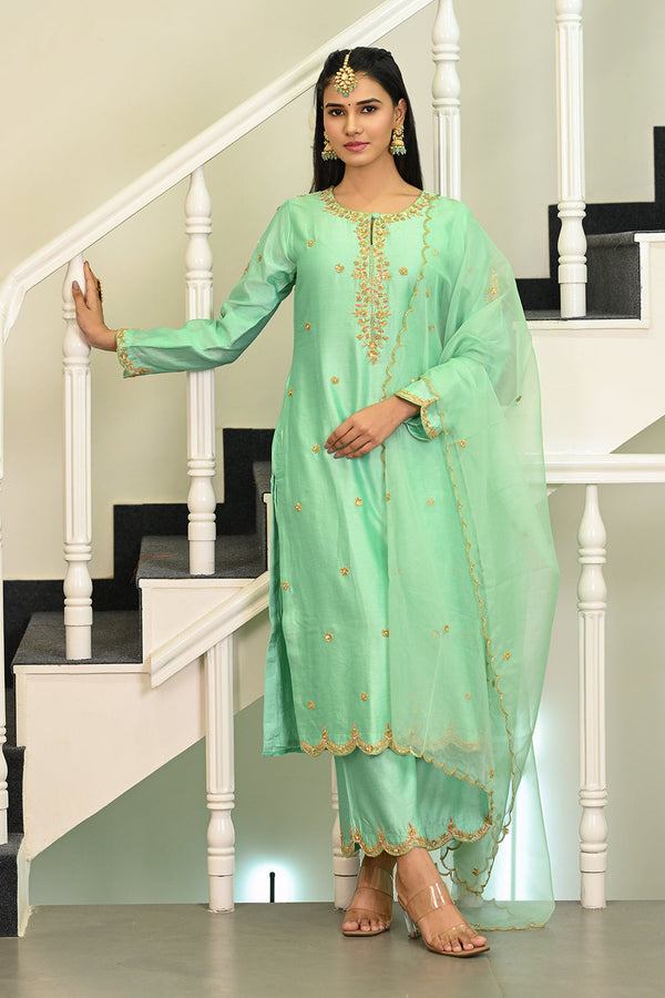 Aqua Blue Hand Embroidered Straight Kurta with Pant & Dupatta Set.