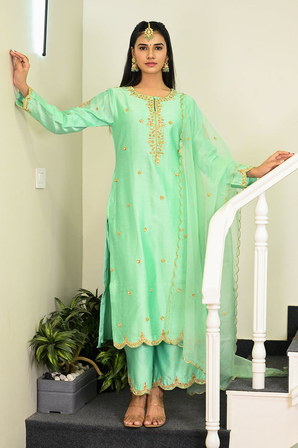 Aqua Blue Hand Embroidered Straight Kurta with Pant & Dupatta Set.