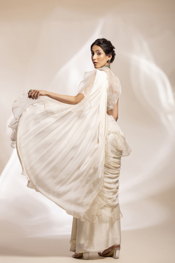 Opulant Organza Drape Saree With Pearl Straps