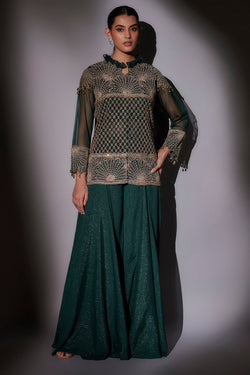 Full Embroidered Jacket With Frill Collar Paired With Flared Sharara